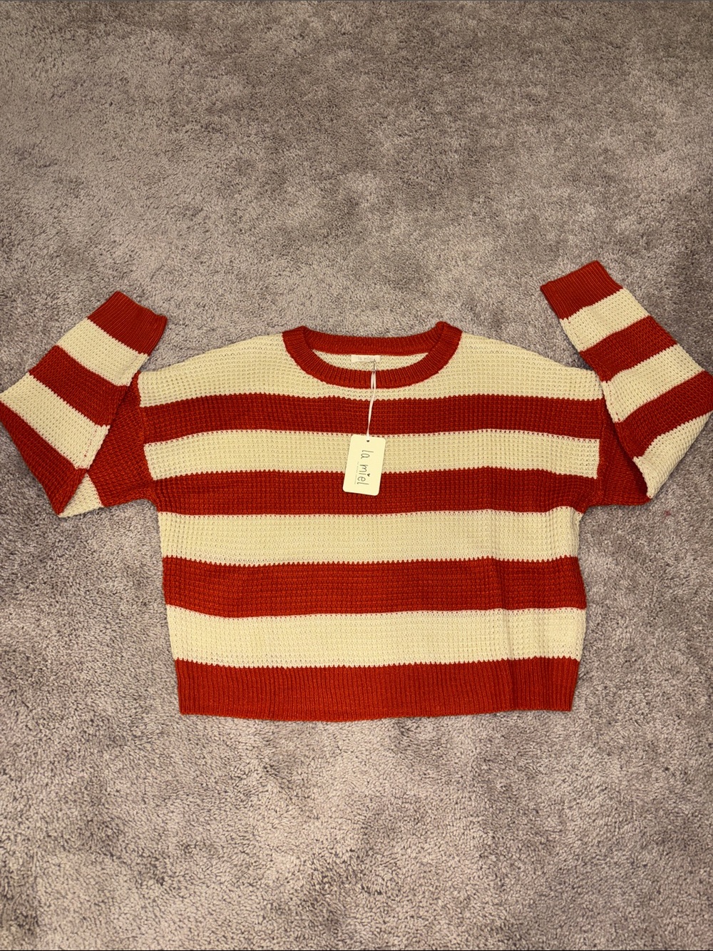 LA MIEL Rust and Cream Striped Crewneck Sweater